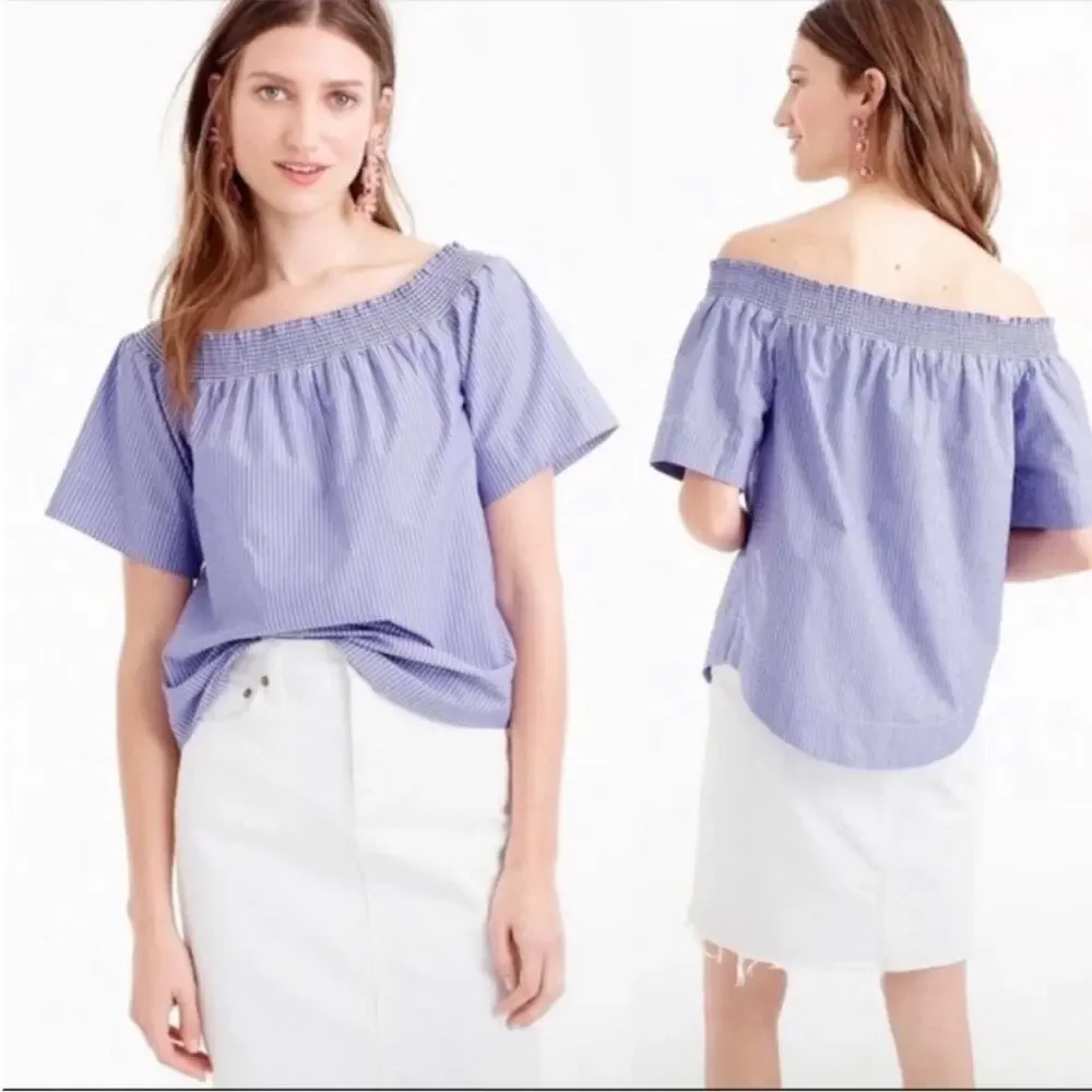 J. Crew Womens Striped Off-The-Shoulder Top Shirt Size 6‎ Blue White Shirring